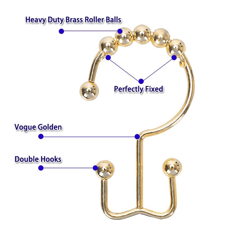 Yapicoco Shower Curtain Hooks Rings for Bathroom, 12PCS Stainless Steel Metal Rust Resistant Balance Sliding Double Curtain Hooks (Gold) - Image 2